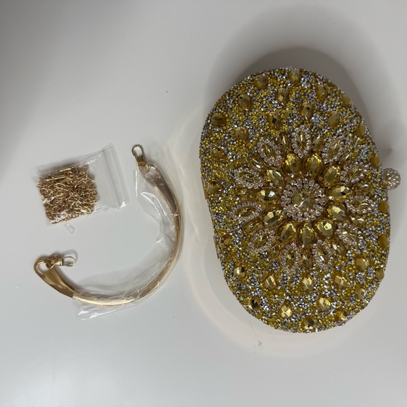 Ramla Gold Beaded and Rhinestone Clutch Evening Bag - NEW
